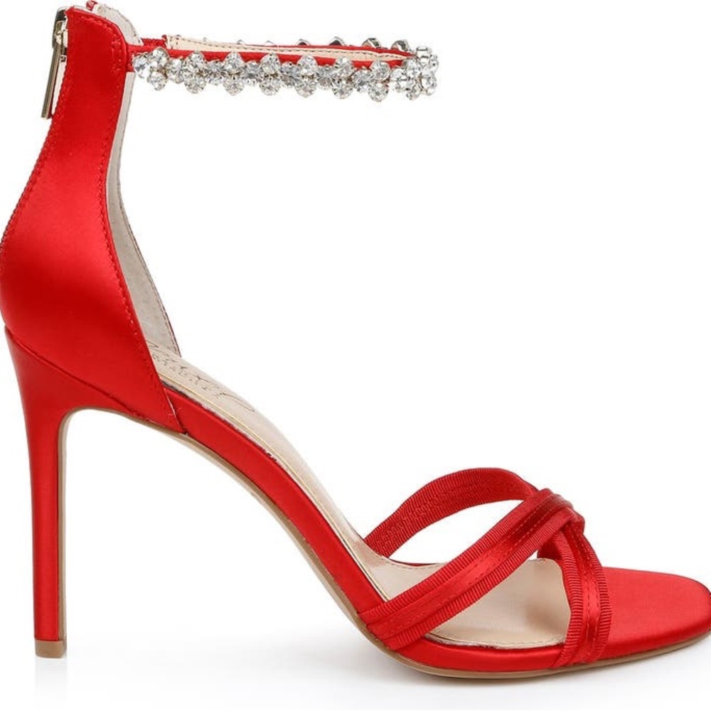 Badgley Mischka Jeweled Ankle Strap Sandal Heels, Red, Size 7, NWT